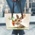 Cute cartoon rabbit holding a carrot leather tote bag