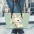 Cute cartoon rabbit holding daisies leather tote bag