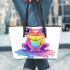 Cute cartoon rainbow frog sitting on a water puddle leaather tote bag