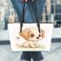 Cute cartoon vector illustration of a puppy sitting leather tote bag