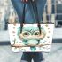 Cute cartoon watercolor baby owl leather tote bag