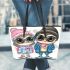 Cute chibi owl couple wearing cute pink and blue shoes leather tote bag