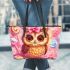 Cute chibi owl with a bow on its head leather tote bag