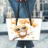 Cute chibi owl with big eyes holding heart shaped balloons leather tote bag