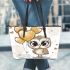 Cute chibi owl with gold heart shaped balloons leather tote bag