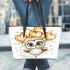 Cute chibi owl with gold heart shaped balloons leather tote bag