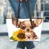 Cute chihuahua puppy with big eyes sitting next to a sunflower leather tote bag