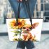 Cute chihuahua puppy with big eyes sitting next to a sunflower leather tote bag