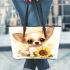 Cute chihuahua puppy with big eyes sitting next to sunflower leather tote bag