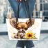 Cute chihuahua puppy with big eyes sitting next to sunflower leather tote bag