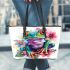 Cute colorful frog with flowers leaather tote bag