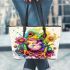 Cute colorful frog with flowers leaather tote bag