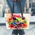 Cute colorful frog with flowers leaather tote bag