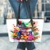 Cute colorful frog with flowers leaather tote bag