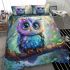 Cute colorful owl cartoon with big eyes sitting on a tree branch bedding set