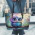 Cute colorful owl cartoon with big eyes sitting on a tree branch leather tote bag