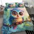 Cute colorful owl cartoon with big eyes sitting on a tree branch bedding set