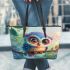 Cute colorful owl cartoon with big eyes sitting on a tree branch leather tote bag