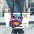 Cute colorful owl with big eyes sitting on a tree branch leather tote bag