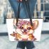 Cute corgi puppy with pink roses and a butterfly leather tote bag
