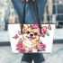 Cute corgi puppy with pink roses and butterflies leather tote bag