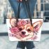 Cute corgi puppy with pink roses and butterflies leather tote bag