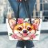 Cute corgi puppy with pink roses in her hair and butterflies leather tote bag