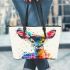 Cute deer colorful watercolor art style leather totee bag