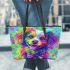 Cute dog with a bow leather tote bag