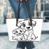 Cute dog with its puppy coloring page for kids leather tote bag