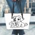 Cute dog with its puppy coloring page for kids leather tote bag