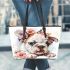 Cute english bulldog puppy with pink flower crown leather tote bag