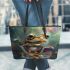 Cute frog with big eyes leaather tote bag