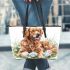 Cute golden retriever dog with easter eggs leather tote bag