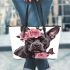 Cute grey staffordshire bull terrier with pink roses leather tote bag