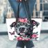 Cute grey staffordshire bull terrier with pink roses leather tote bag