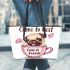 Cute happy pug puppy inside a pink cup leather tote bag