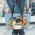 Cute happy pug puppy sitting in an old white bucket surrounded leather tote bag