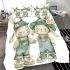 Cute happy smiling bunny girl and boy in green bedding set