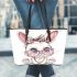 Cute kawaii bunny with pink glasses leather tote bag