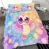 Cute kawaii owl with big eyes and a purple heart bedding set