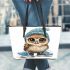 Cute little owl wearing blue shoes and a hat leather tote bag