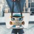 Cute little owl wearing blue sneakers and a cap leather tote bag