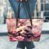 Cute little panda surrounded by pink cherry blossoms leather tote bag