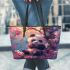 Cute little panda under a pink cherry blossom tree leather tote bag