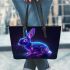 Cute neon blue and purple rabbit with glowing eyes leather tote bag