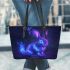 Cute neon bunny with glowing blue and purple fur leather tote bag