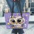 Cute owl cartoon big eyes yellow stars on its head leather tote bag