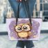 Cute owl cartoon surrounded in the style of stars and flowers leather tote bag