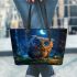 Cute owl cartoon with big blue eyes night scene with moon leather tote bag